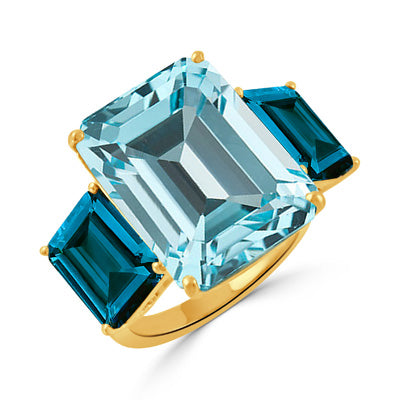 Doves by Doron Paloma 18K Yellow Gold Diamond Ring with Sky Blue Topaz Center and London Blue Topaz on Sides