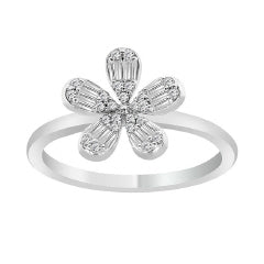 Lady's White 14 Karat 5 Petal Ring With 0.25ct Baguette Diamonds